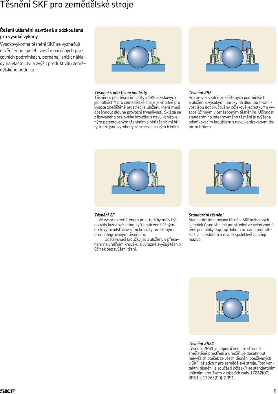 Těsnění s pěti těsnicími břity Těsnění s pěti těsnicími břity v SKF ložiskových jednotkách Y pro zemědělské stroje je vhodné pro vysoce znečištěné prostředí a uložení, která musí dosáhnout dlouhé