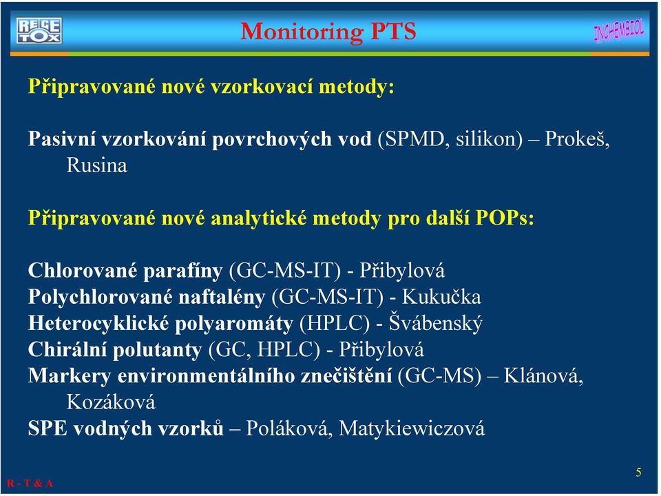 Polychlorované naftalény (GC-MS-IT) - Kukučka Heterocyklické polyaromáty (HPLC) - Švábenský Chirální polutanty