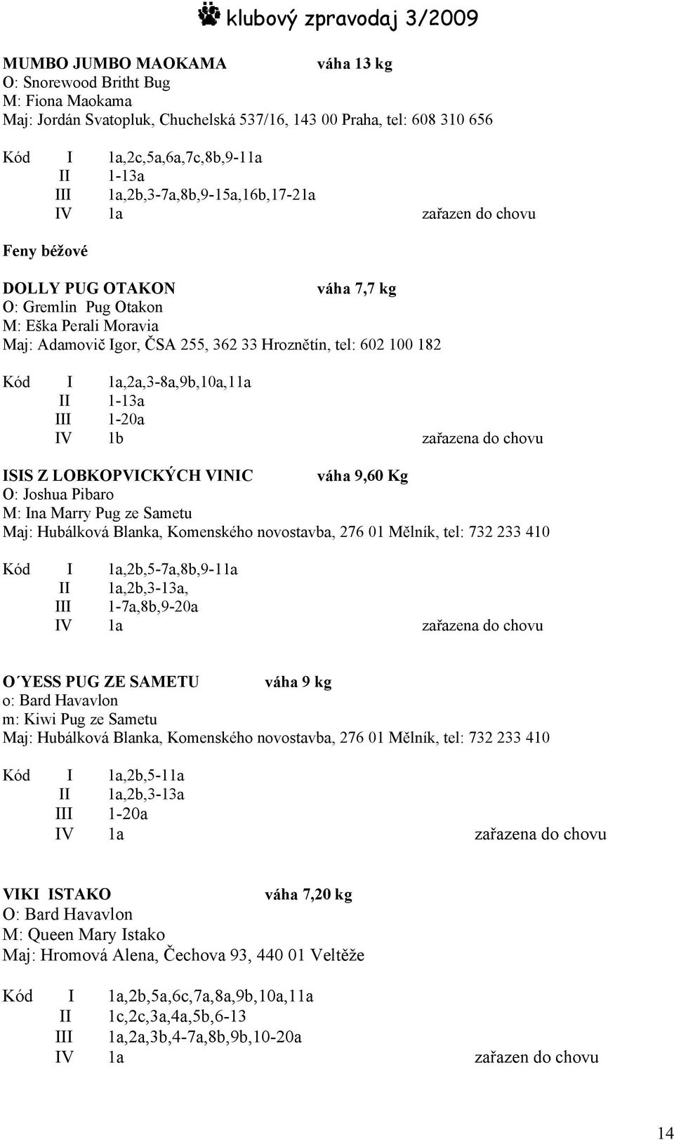 182 Kód I 1a,2a,3-8a,9b,10a,11a II 1-13a III 1-20a IV 1b zařazena do chovu ISIS Z LOBKOPVICKÝCH VINIC váha 9,60 Kg O: Joshua Pibaro M: Ina Marry Pug ze Sametu Maj: Hubálková Blanka, Komenského