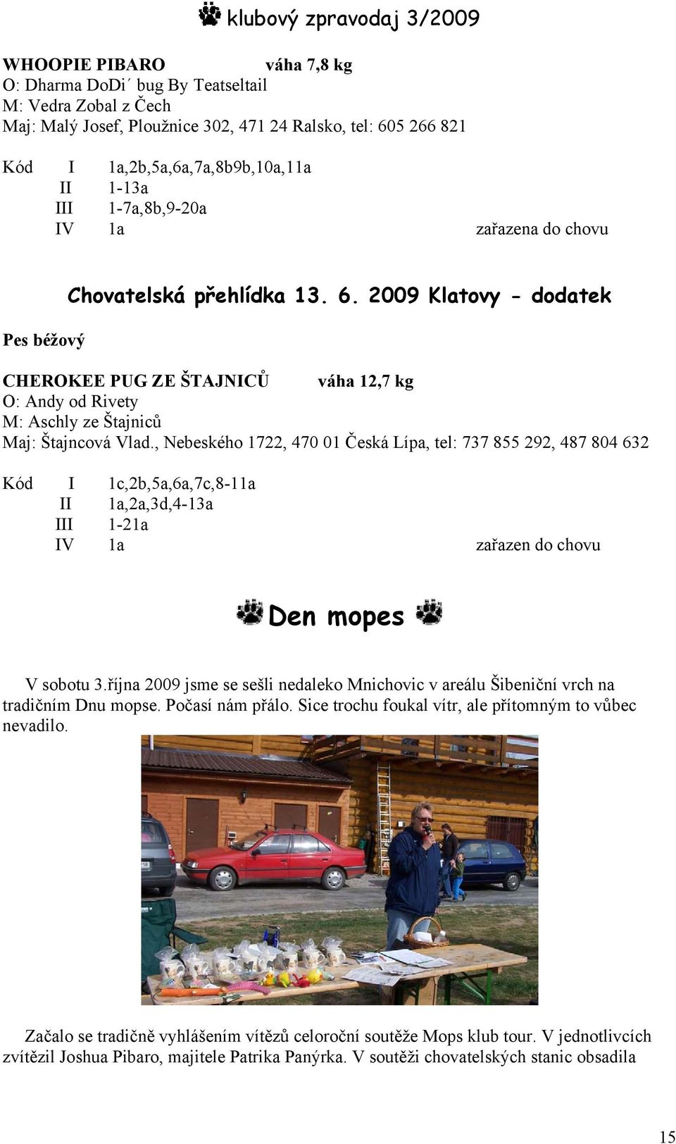 , Nebeského 1722, 470 01 Česká Lípa, tel: 737 855 292, 487 804 632 Kód I 1c,2b,5a,6a,7c,8-11a II 1a,2a,3d,4-13a III 1-21a IV 1a zařazen do chovu Den mopes V sobotu 3.