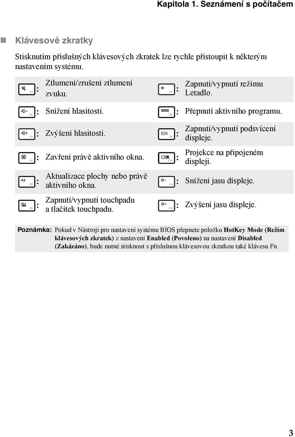 Zapnutí/vypnutí touchpadu a tlačítek touchpadu. Zapnutí/vypnutí podsvícení displeje. Projekce na připojeném displeji. : Snížení jasu displeje. : Zvýšení jasu displeje.