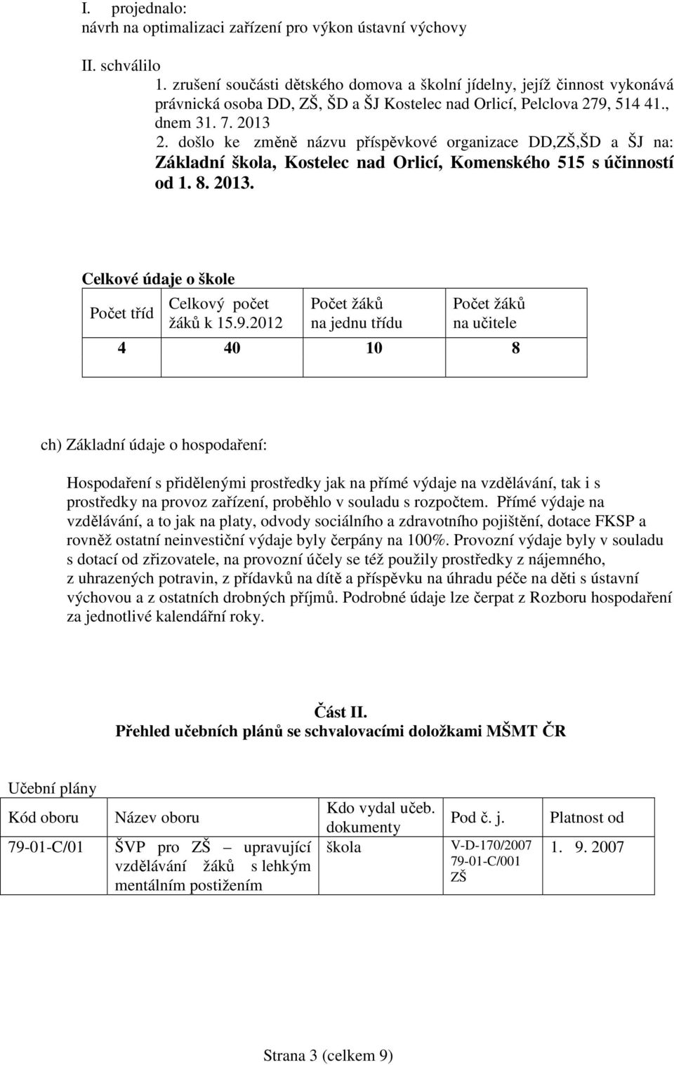 došlo ke změně názvu příspěvkové organizace,zš,šd a ŠJ na: Základní škola, Kostelec nad Orlicí, Komenského 515 s účinností od 1. 8. 2013. Celkové údaje o škole Počet tříd Celkový počet žáků k 15.9.