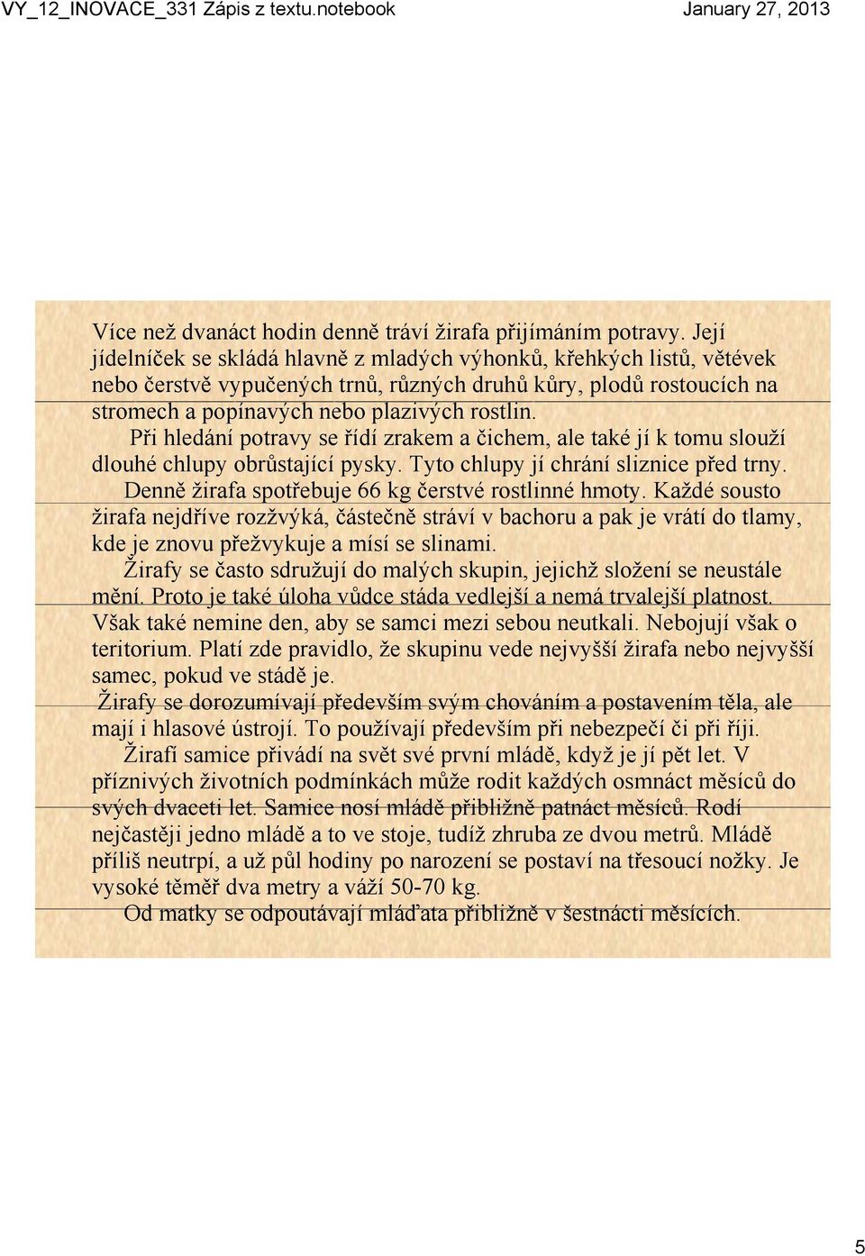 Při hledání potravy se řídí zrakem a čichem, ale také jí k tomu slouží dlouhé chlupy obrůstající pysky. Tyto chlupy jí chrání sliznice před trny. Denně žirafa spotřebuje 66 kg čerstvé rostlinné hmoty.