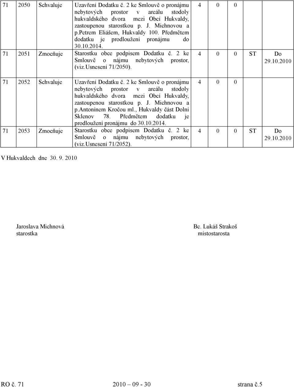 usnesení 71/2050). 71 2052 Schvaluje Uzavření Dodatku č. 2 ke Smlouvě o pronájmu nebytových prostor v areálu stodoly hukvaldského dvora mezi Obcí Hukvaldy, zastoupenou starostkou p. J. Michnovou a p.