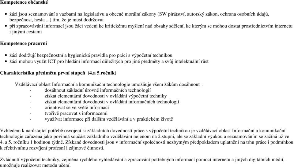 pracovní žáci dodržují bezpečnostní a hygienická pravidla pro práci s výpočetní technikou žáci mohou využít ICT pro hledání informací důležitých pro jiné předměty a svůj intelektuální růst