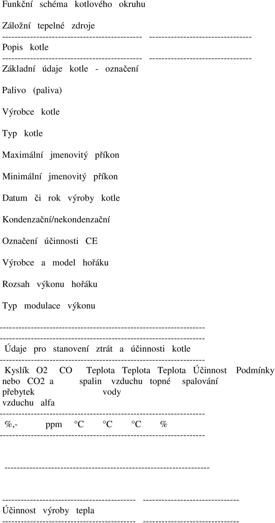 Výrobce a model hořáku Rozsah výkonu hořáku Typ modulace výkonu Údaje pro stanovení ztrát a účinnosti kotle Kyslík O2 CO Teplota