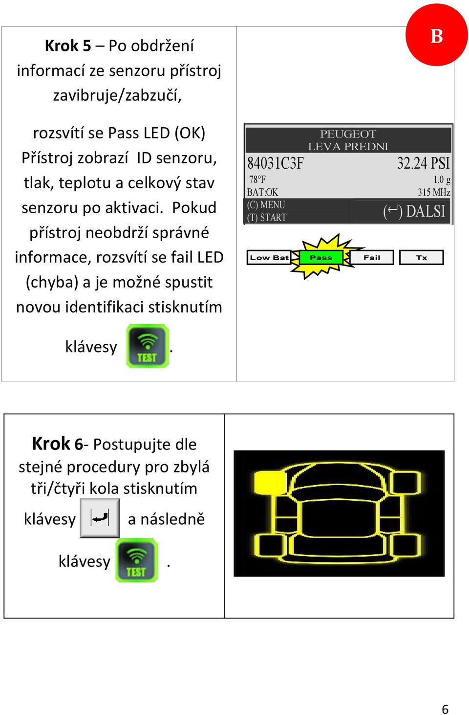 Pokud přístroj neobdrží správné informace, rozsvítí se fail LED (chyba) a je možné spustit novou identifikaci stisknutím 84031C3F