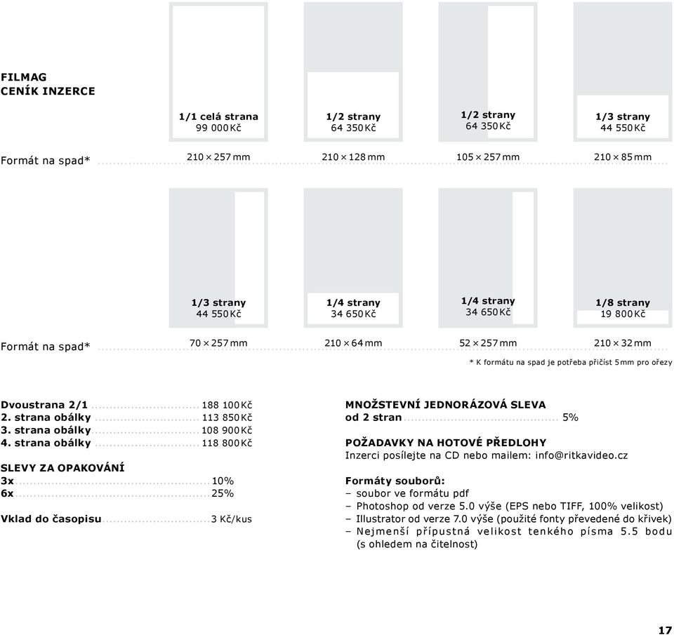 ..25% Vklad do časopisu...3 Kč/kus Množstevní jednorázová sleva od 2 stran... 5% požadavky na hotové předlohy Inzerci posílejte na CD nebo mailem: info@ritkavideo.