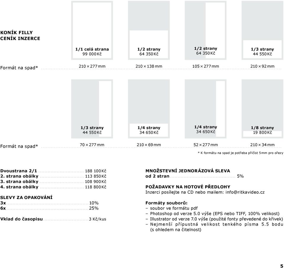 ..25% Vklad do časopisu...3 Kč/kus Množstevní jednorázová sleva od 2 stran... 5% požadavky na hotové předlohy Inzerci posílejte na CD nebo mailem: info@ritkavideo.