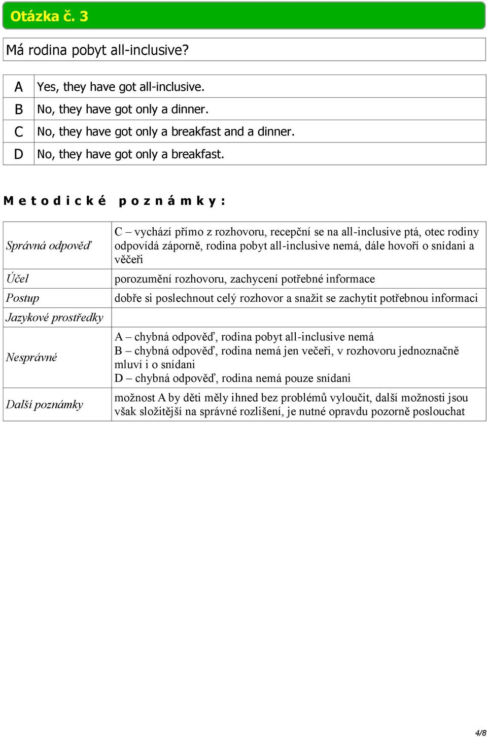 C vychází přímo z rozhovoru, recepční se na all-inclusive ptá, otec rodiny odpovídá záporně, rodina pobyt all-inclusive nemá, dále hovoří o snídani a věčeři porozumění rozhovoru,