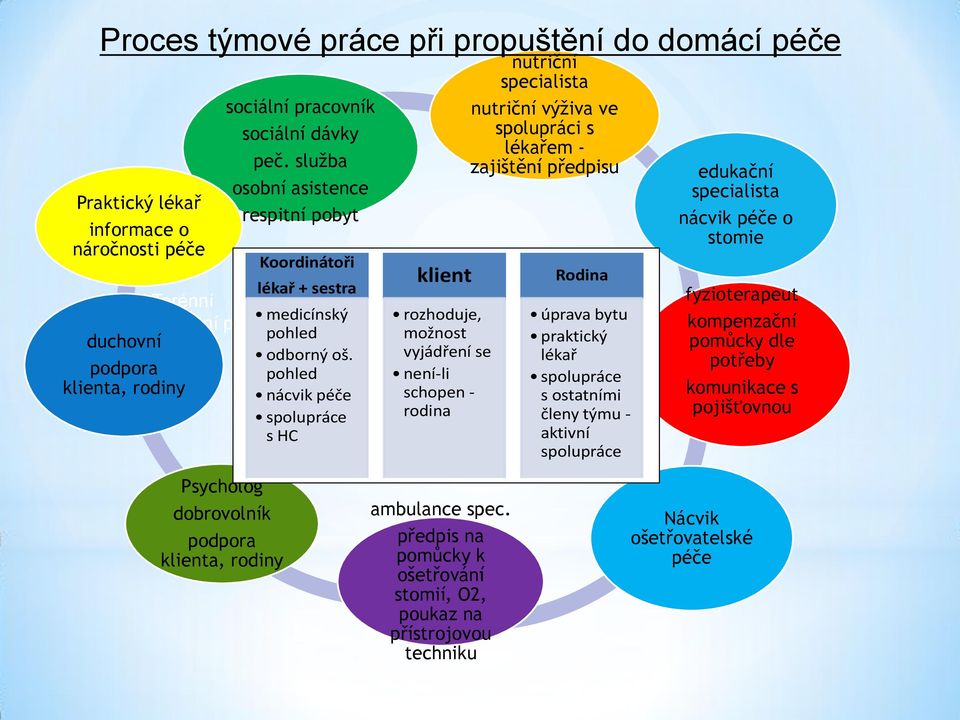 podpora pohled klienta, rodiny nácvik péče spolupráce s HC klient rozhoduje, možnost vyjádření se není-li schopen - rodina nutriční specialista nutriční výživa ve spolupráci s lékařem - zajištění