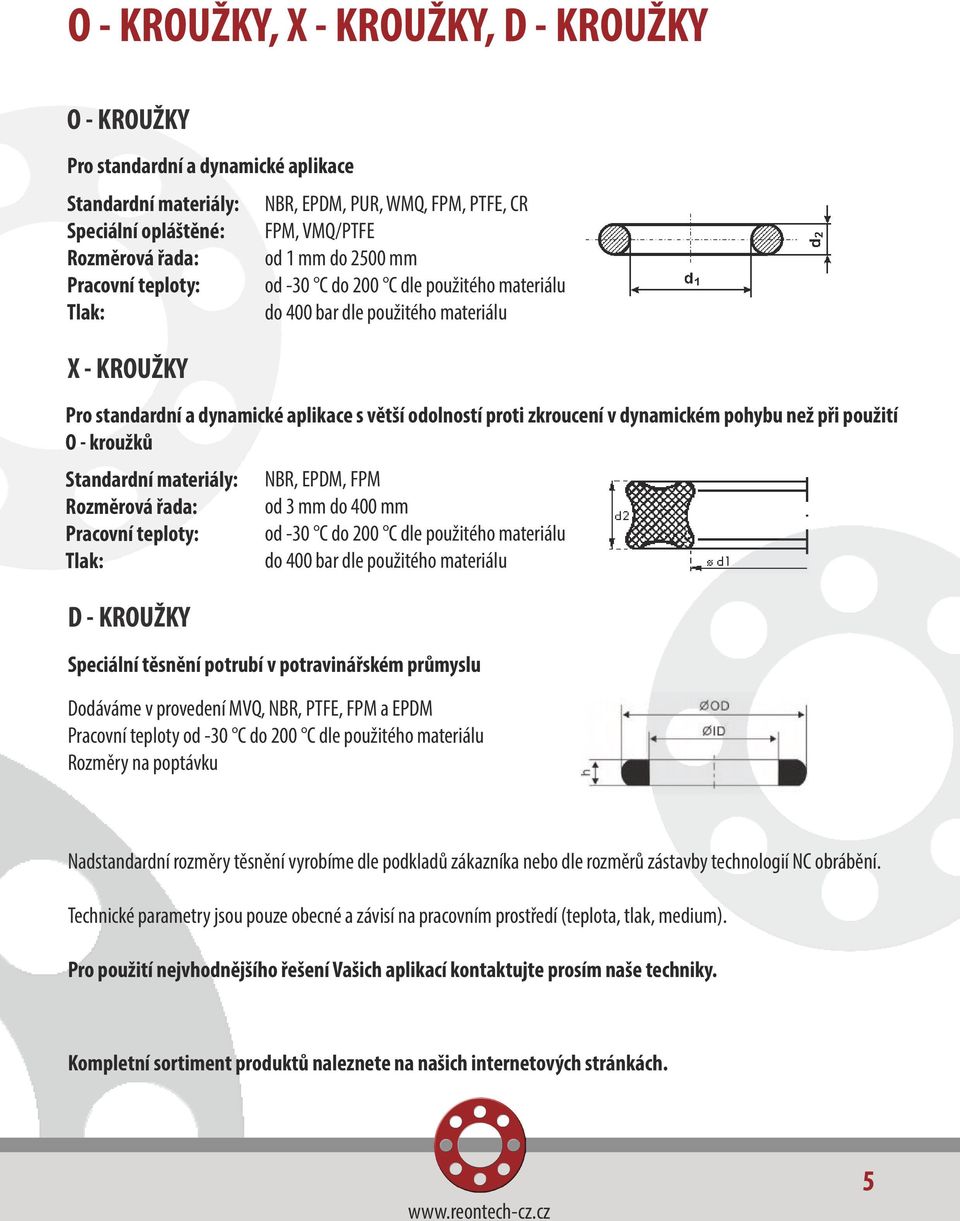 dynamickém pohybu než při použití O - kroužků Standardní materiály: ová řada: Pracovní teploty: Tlak: D - KROUŽKY NBR, EPDM, FPM od 3 mm do 400 mm od -30 C do 200 C dle použitého materiálu do 400 bar