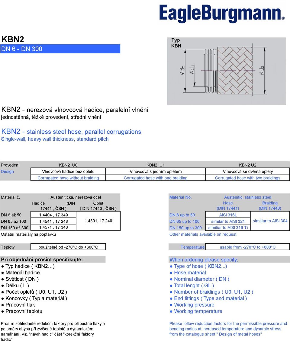 with one braiding Corrugated hose with two braidings Material č. Material No. Hose (DIN 17441) DN 6 až 50 1.4404, 17 349 DN 6 up to 50 AISI 316L DN 65 až 100 1.4541, 17 248 1.