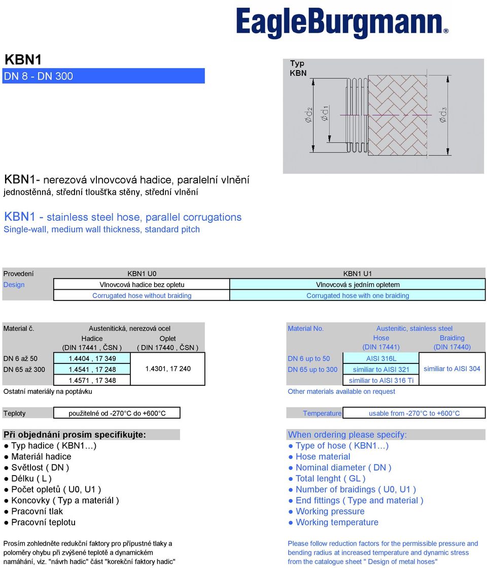 Material č. Material No. Hose (DIN 17441) Braiding (DIN 17440) DN 6 až 50 1.4404, 17 349 DN 6 up to 50 AISI 316L DN 65 až 300 1.4541, 17 248 1.