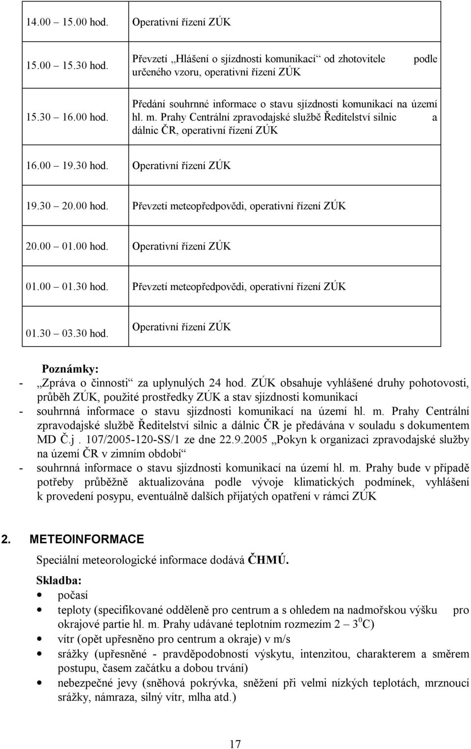 00 01.00 hod. Operativní řízení ZÚK 01.00 01.30 hod. Převzetí meteopředpovědi, operativní řízení ZÚK 01.30 03.30 hod. Operativní řízení ZÚK Poznámky: - Zpráva o činnosti za uplynulých 24 hod.