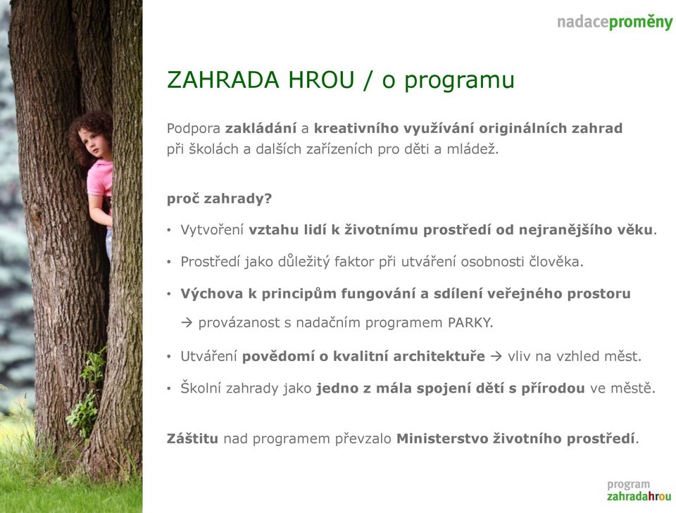 Výchova k principům fungování a sdílení veřejného prostoru provázanost s nadačním programem PARKY.