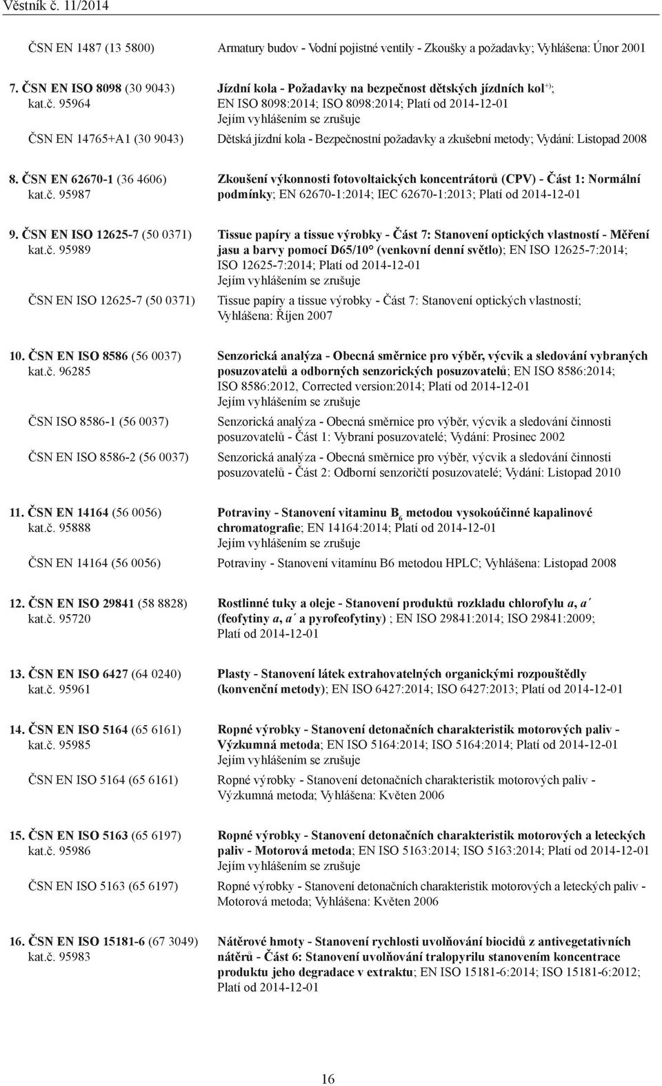 Bezpečnostní požadavky a zkušební metody; Vydání: Listopad 2008 8. ČSN EN 62670-1 (36 4606) kat.č. 95987 Zkoušení výkonnosti fotovoltaických koncentrátorů (CPV) - Část 1: Normální podmínky; EN 62670-1:2014; IEC 62670-1:2013; Platí od 2014-12-01 9.