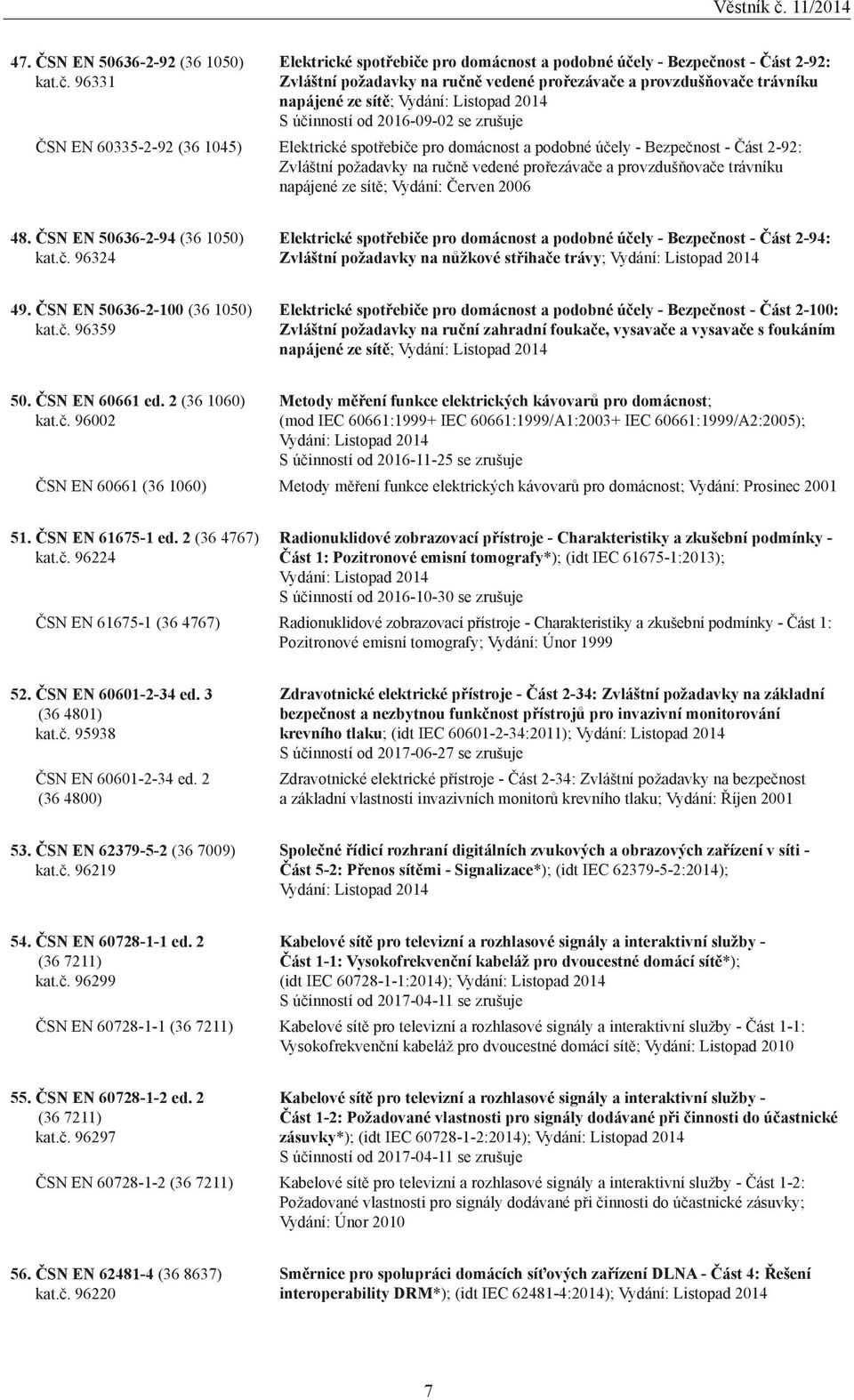 účinností od 2016-09-02 se zrušuje ČSN EN 60335-2-92 (36 1045) Elektrické spotřebiče pro domácnost a podobné účely - Bezpečnost - Část 2-92: Zvláštní požadavky na ručně vedené prořezávače a