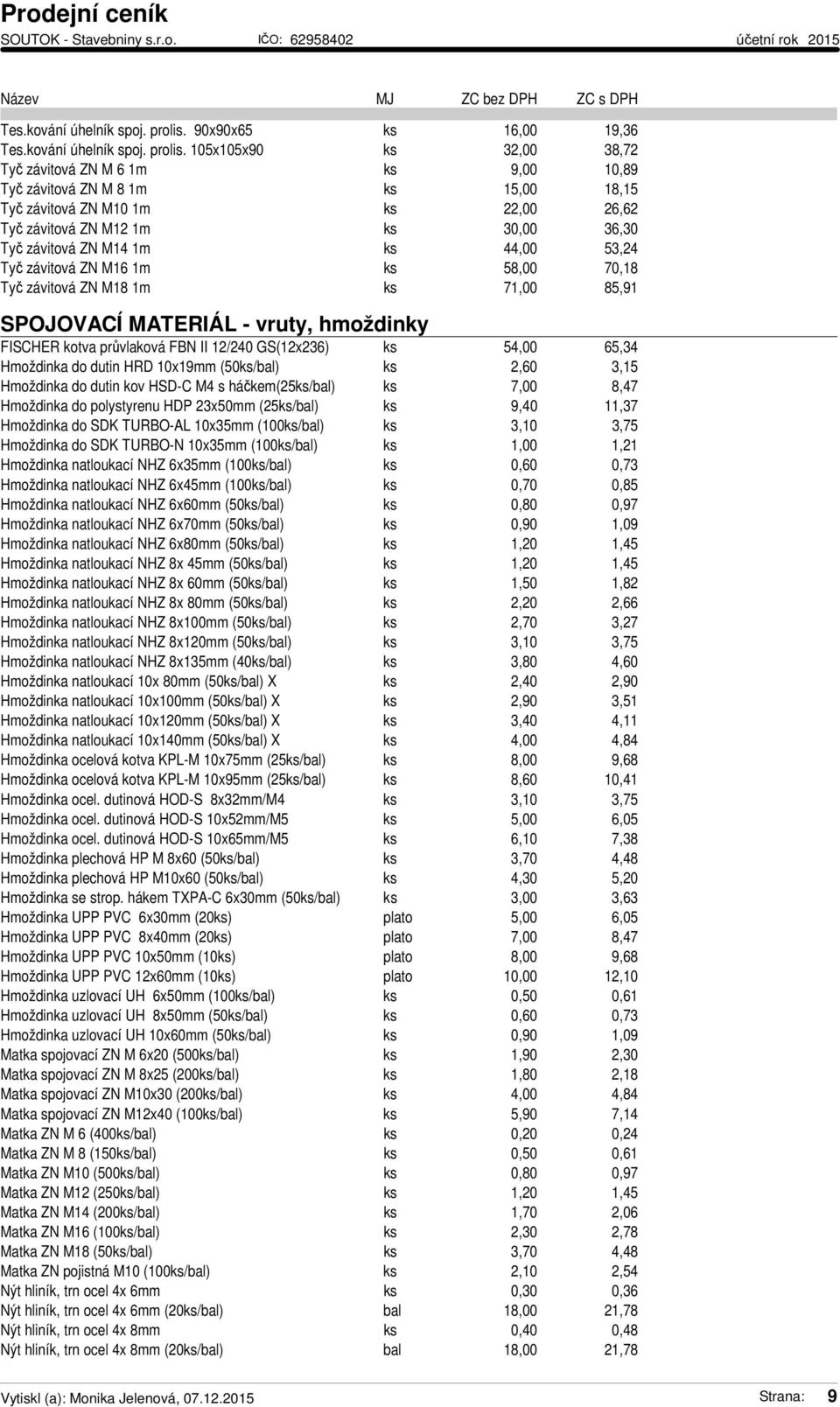 36,30 Tyč závitová ZN M14 1m ks 44,00 53,24 Tyč závitová ZN M16 1m ks 58,00 70,18 Tyč závitová ZN M18 1m ks 71,00 85,91 SPOJOVACÍ MATERIÁL - vruty, hmoždinky FISCHER kotva průvlaková FBN II 12/240