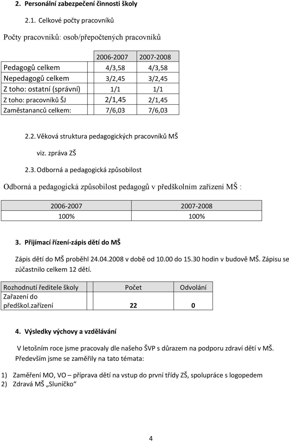 pracovníků ŠJ 2/1,45 2/1,45 Zaměstananců celkem: 7/6,03 7/6,03 2.2. Věková struktura pedagogických pracovníků MŠ viz. zpráva ZŠ 2.3. Odborná a pedagogická způsobilost Odborná a pedagogická způsobilost pedagogů v předškolním zařízení MŠ : 2006-2007 2007-2008 100% 100% 3.