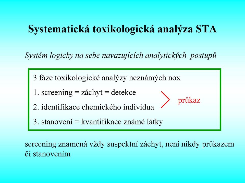 screening = záchyt = detekce 2. identifikace chemického individua 3.