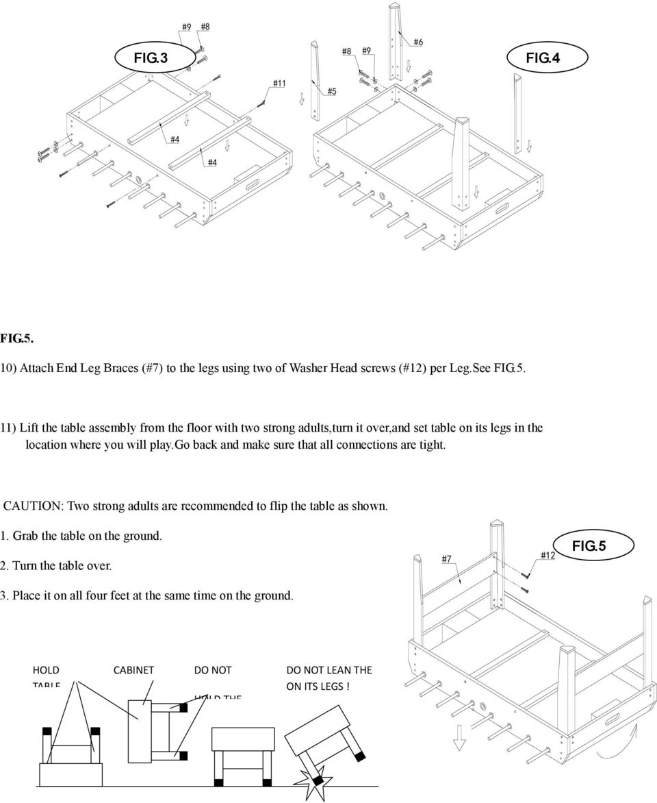 10) Attach End Leg Braces (#7) to the legs using two of Washer Head screws (#12) per Leg.See FIG.5.