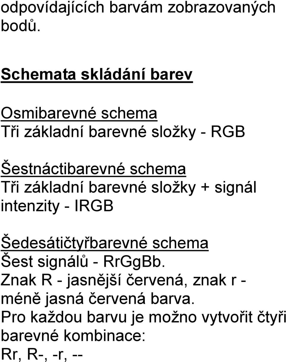 schema Tři základní barevné složky + signál intenzity - IRGB Šedesátičtyřbarevné schema Šest