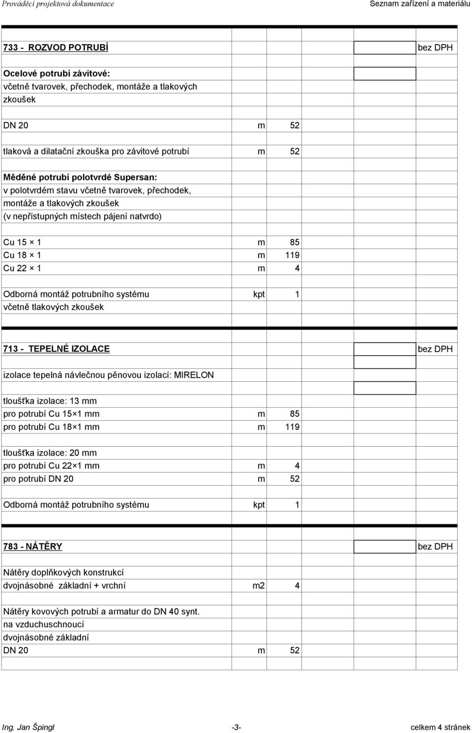 15 1 m 85 Cu 18 1 m 119 Cu 22 1 m 4 Odborná montáž potrubního systému kpt 1 včetně tlakových zkoušek 713 - TEPELNÉ IZOLACE bez DPH izolace tepelná návlečnou pěnovou izolací: MIRELON tloušťka izolace: