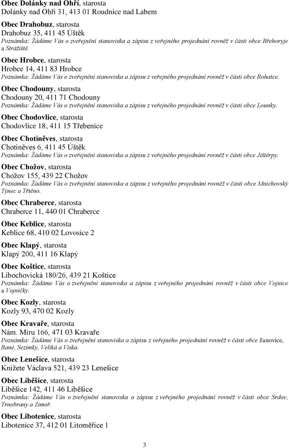 Obec Hrobce, starosta Hrobce 14, 411 83 Hrobce Poznámka: Žádáme Vás o zveřejnění stanoviska a zápisu z veřejného projednání rovněž v části obce Rohatce.