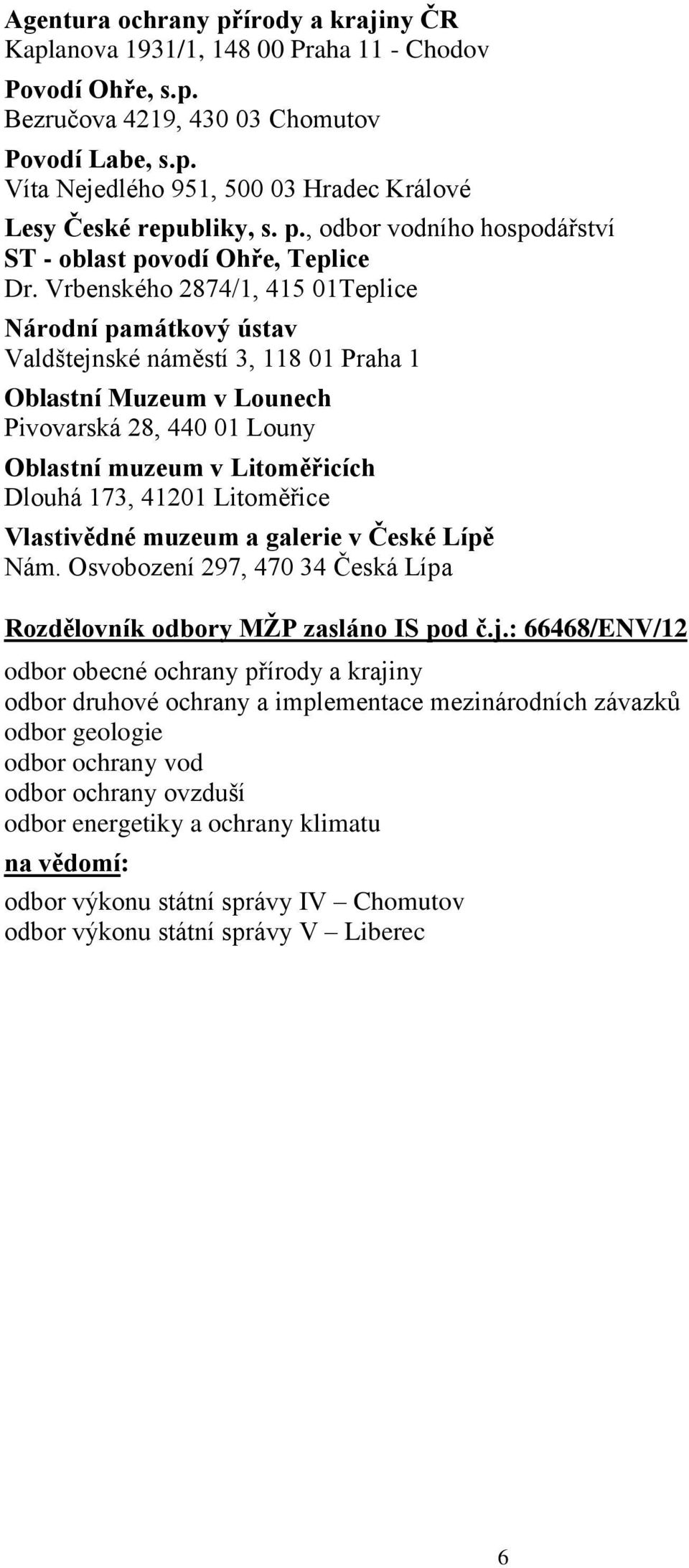 Vrbenského 2874/1, 415 01Teplice Národní památkový ústav Valdštejnské náměstí 3, 118 01 Praha 1 Oblastní Muzeum v Lounech Pivovarská 28, 440 01 Louny Oblastní muzeum v Litoměřicích Dlouhá 173, 41201