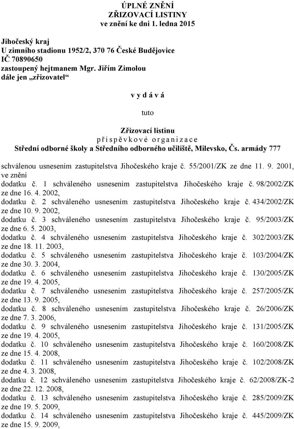 armády 777 schválenou usnesením zastupitelstva Jihočeského kraje č. 55/2001/ZK ze dne 11. 9. 2001, ve znění dodatku č. 1 schváleného usnesením zastupitelstva Jihočeského kraje č. 98/2002/ZK ze dne 16.