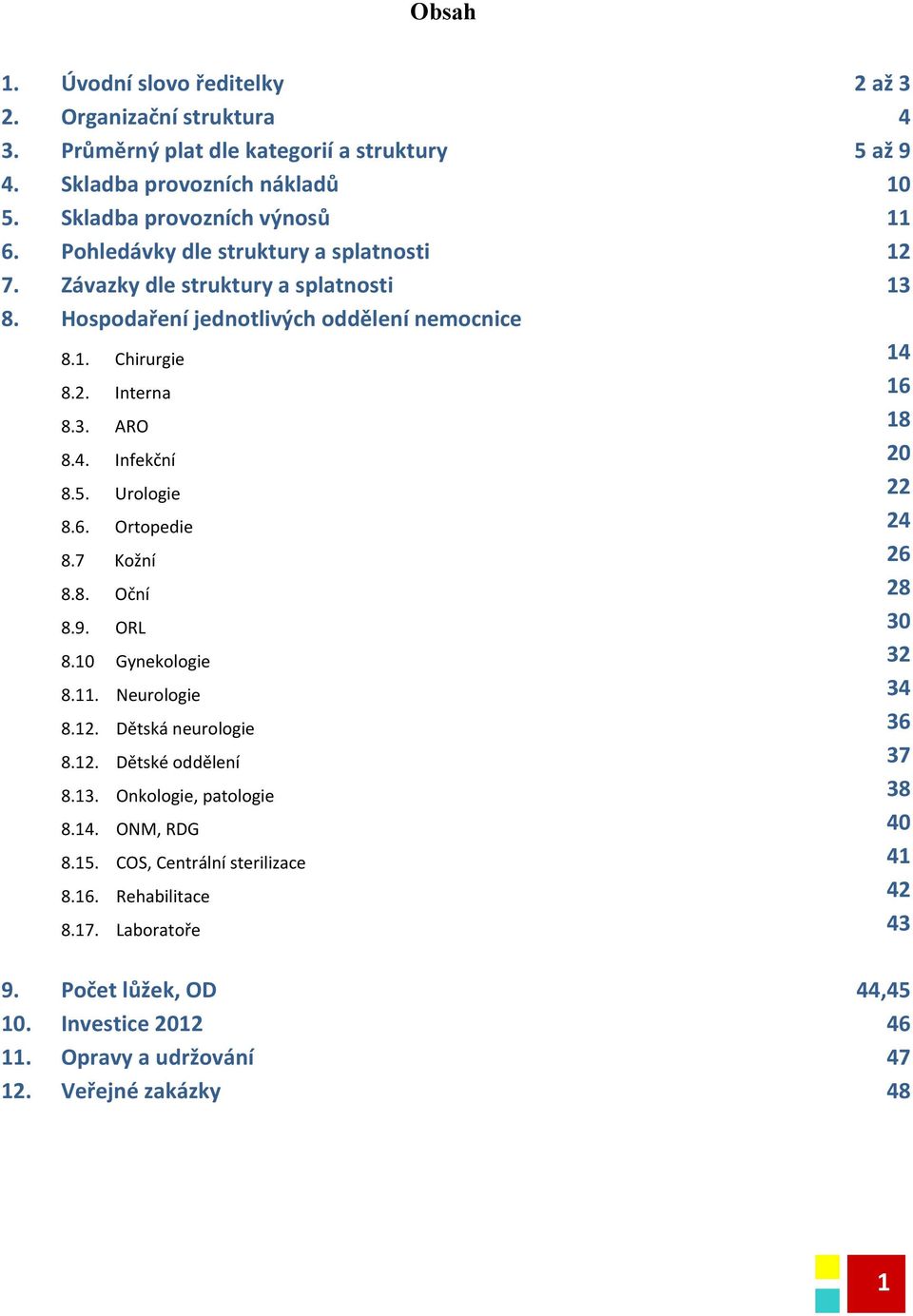 dle struktury a splatnosti Hospodaření jednotlivých oddělení nemocnice 8.. Chirurgie 8.2. Interna 8.3. ARO 8.4. Infekční 8.5. Urologie 8.6. Ortopedie 8.7 Kožní 8.8. Oční 8.9. ORL 8.