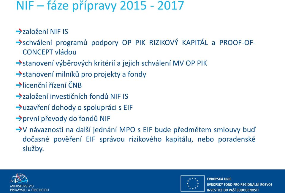 řízení ČNB založení investičních fondů NIF IS uzavření dohody o spolupráci s EIF první převody do fondů NIF V