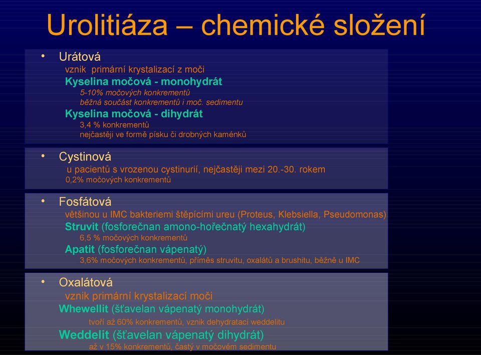 rokem 0,2% močových konkrementů Fosfátová většinou u IMC bakteriemi štěpícími ureu (Proteus, Klebsiella, Pseudomonas) Struvit (fosforečnan amono-hořečnatý hexahydrát) 6,5 % močových konkrementů