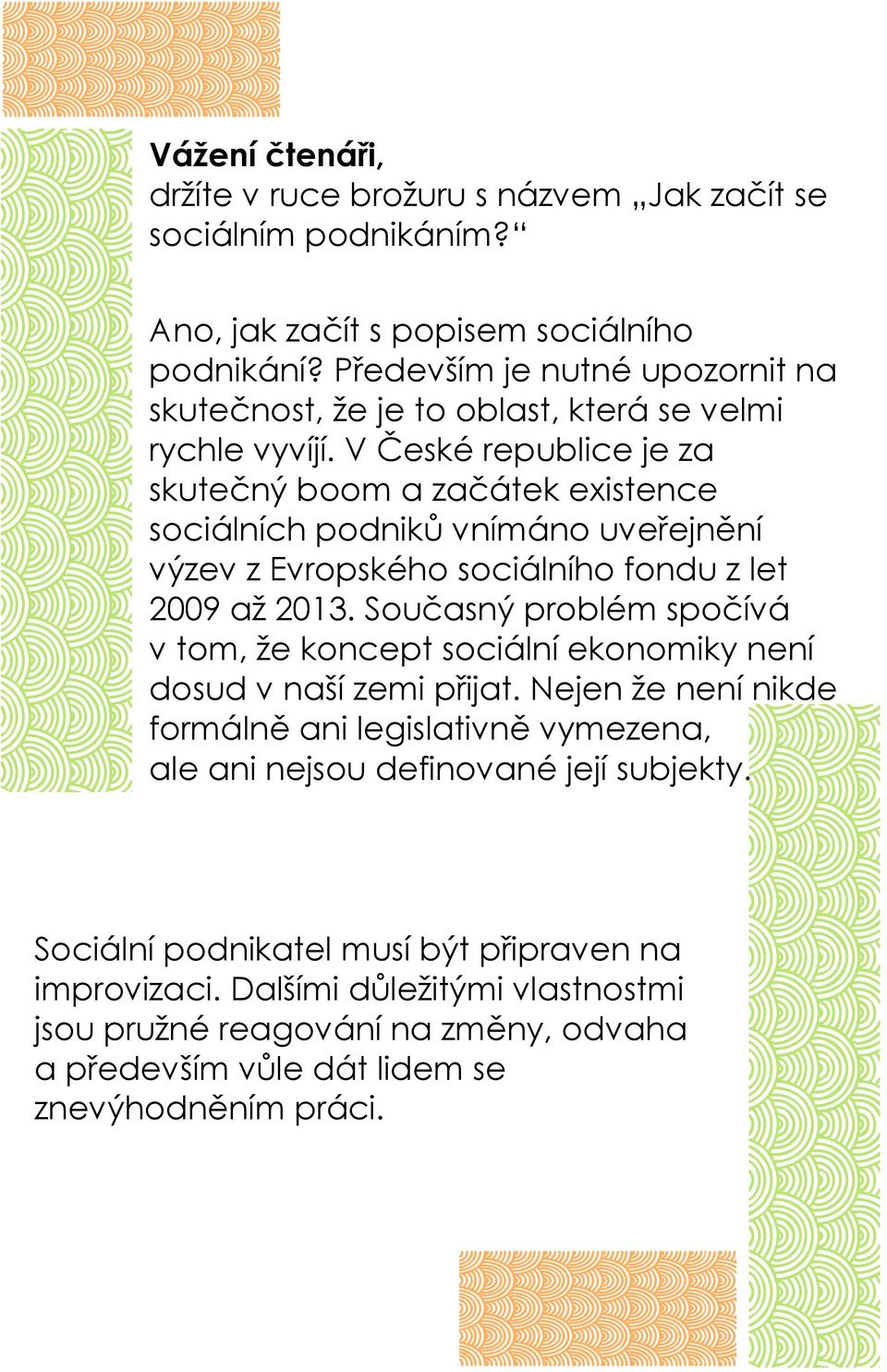 V České republice je za skutečný boom a začátek existence sociálních podniků vnímáno uveřejnění výzev z Evropského sociálního fondu z let 2009 až 2013.