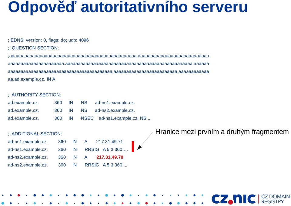 example.cz. IN A ;; AUTHORITY SECTION: ad.example.cz. 360 IN NS ad-ns1.example.cz. ad.example.cz. 360 IN NS ad-ns2.example.cz. ad.example.cz. 360 IN NSEC ad-ns1.example.cz. NS... ;; ADDITIONAL SECTION: ad-ns1.