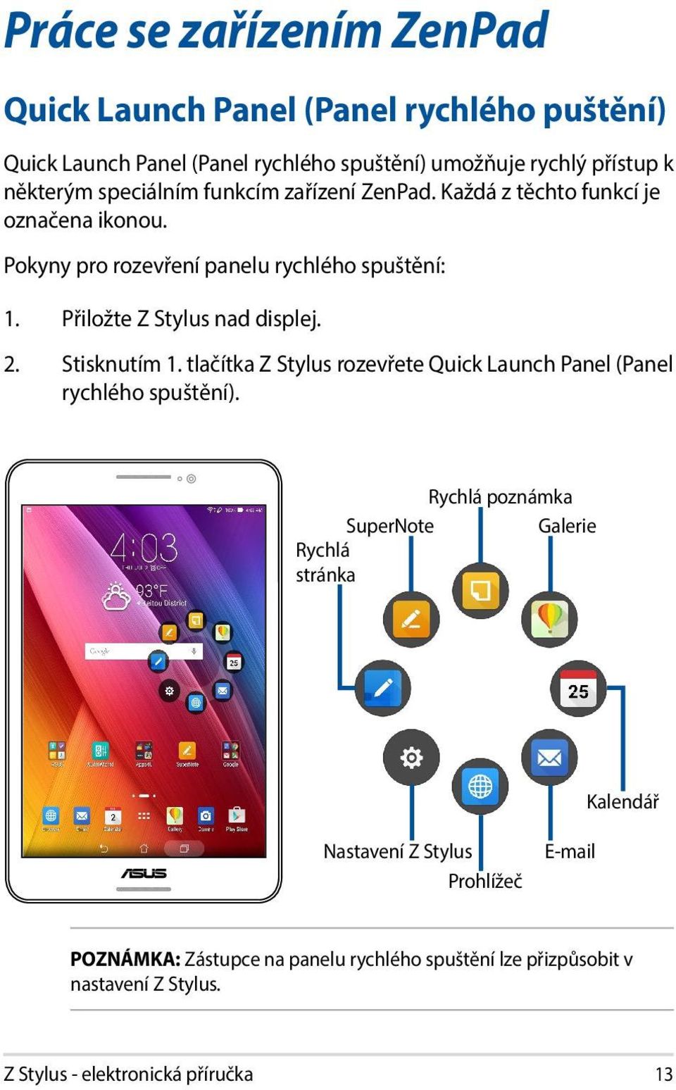 Přiložte Z Stylus nad displej. 2. Stisknutím 1. tlačítka Z Stylus rozevřete Quick Launch Panel (Panel rychlého spuštění).