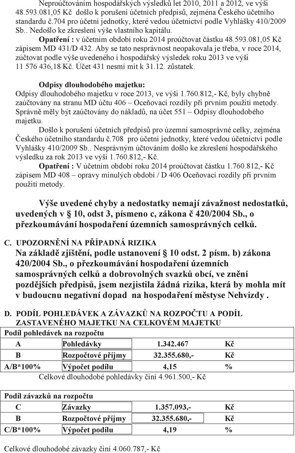 081,05 K zápisem MD 431/D 432. Aby se tato nesprávnost neopakovala je teba, v roce 2014, zútovat podle výše uvedeného i hospodáský výsledek roku 2013 ve výši 11 576 436,18 K. Úet 431 nesmí mít k 31.