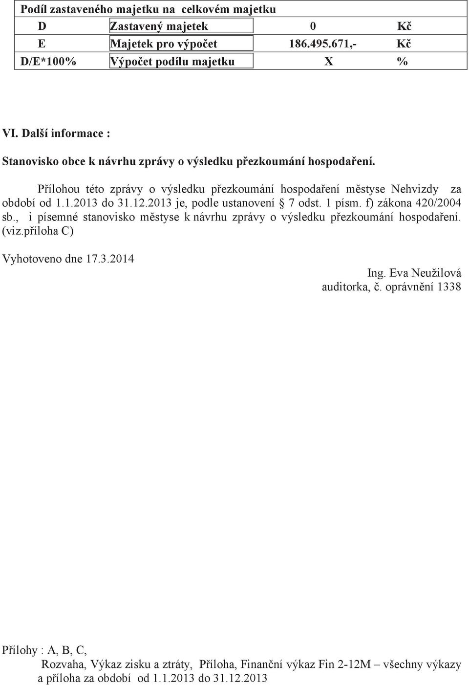 1.2013 do 31.12.2013 je, podle ustanovení 7 odst. 1 písm. f) zákona 420/2004 sb., i písemné stanovisko mstyse k návrhu zprávy o výsledku pezkoumání hospodaení. (viz.