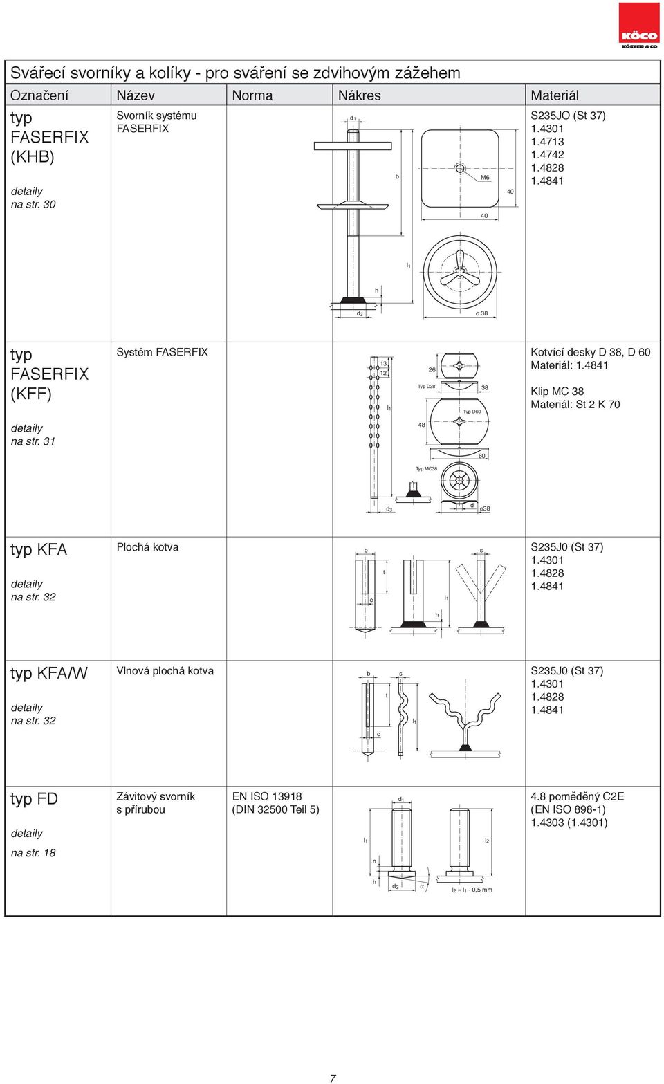 31 Systém FASERFIX 13 26 Typ D38 48 Typ MC38 38 Typ D M6 ø 38 Kotvící desky D 38, D : Klip MC 38 : St 2 K 70 KÖCO Typ KFF KÖCO Typ KHB M1:2 d ø38 typ KFA na str.