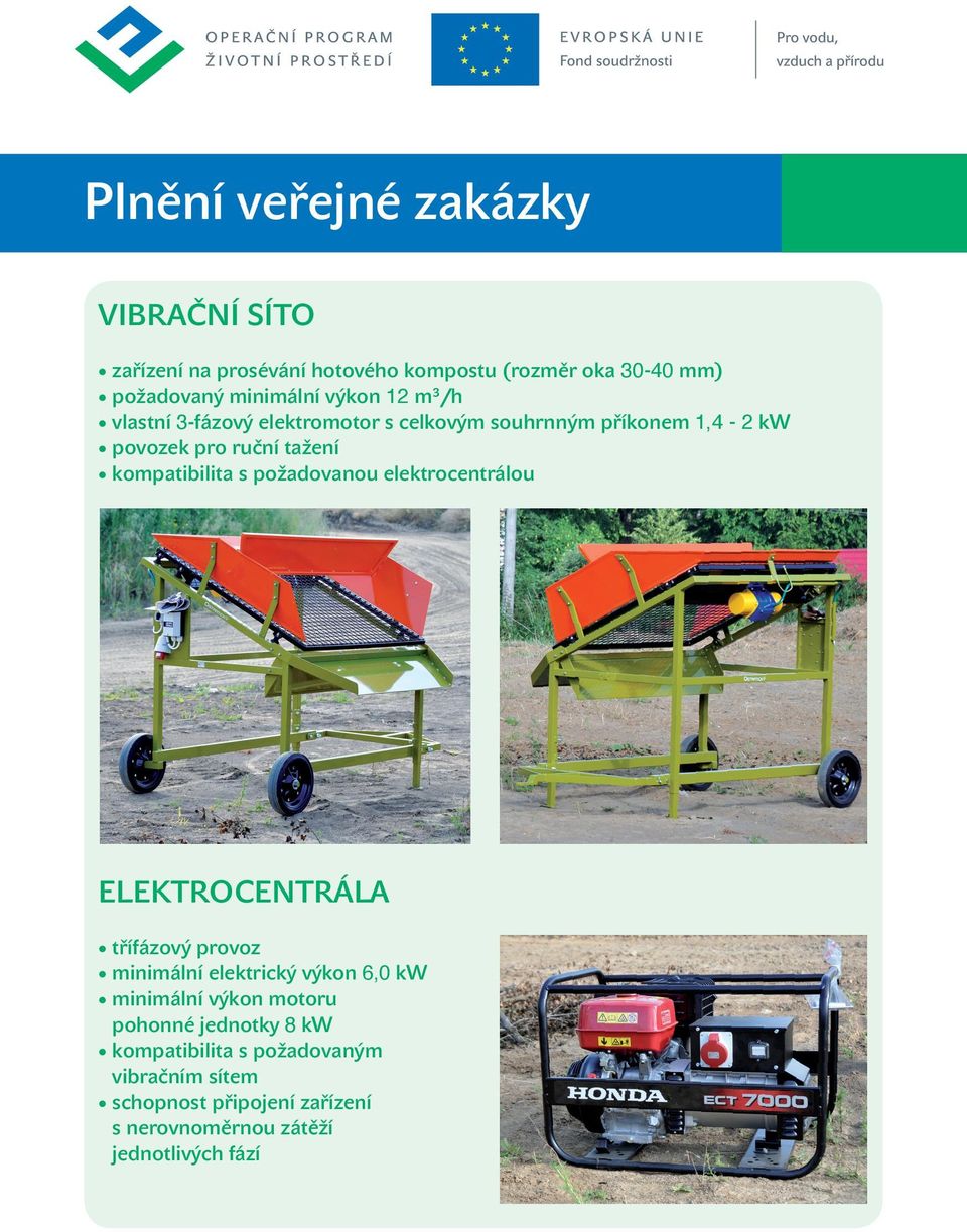 požadovanou elektrocentrálou ELEKTROCENTRÁLA třífázový provoz minimální elektrický výkon 6,0 kw minimální výkon motoru