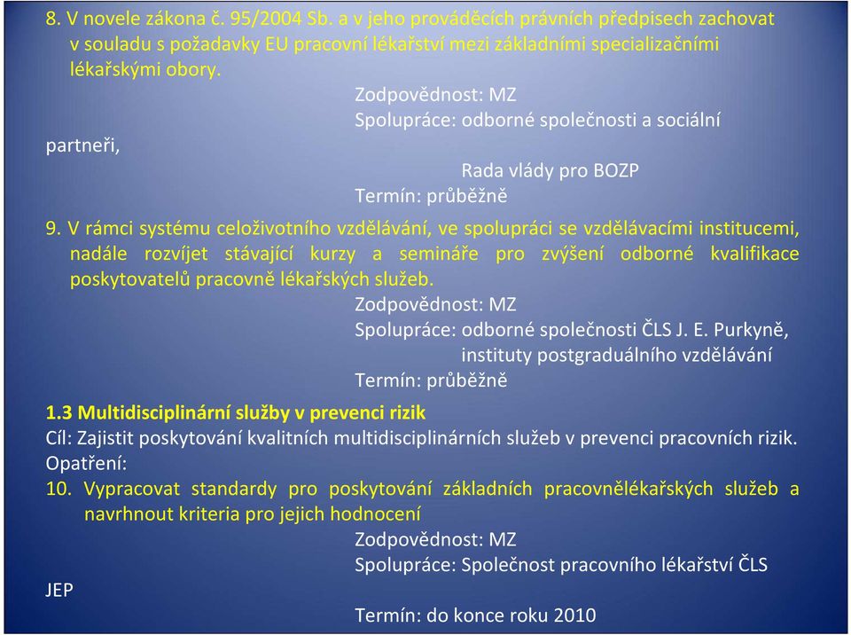 V rámci systému celoživotního vzdělávání, ve spolupráci se vzdělávacími institucemi, nadále rozvíjet stávající kurzy a semináře pro zvýšení odborné kvalifikace poskytovatelů pracovně lékařských