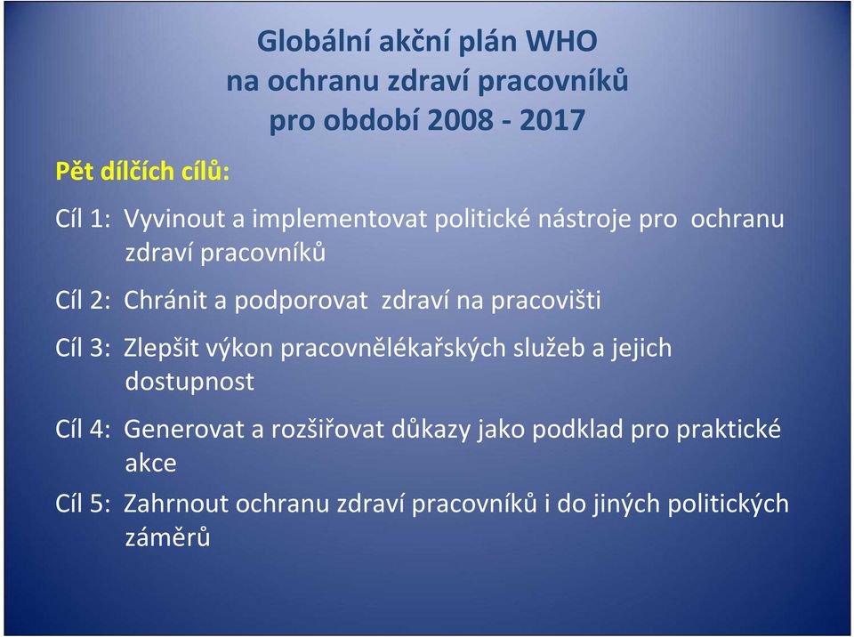 pracovišti Cíl 3: Zlepšit výkon pracovnělékařských služeb a jejich dostupnost Cíl 4: Generovat a