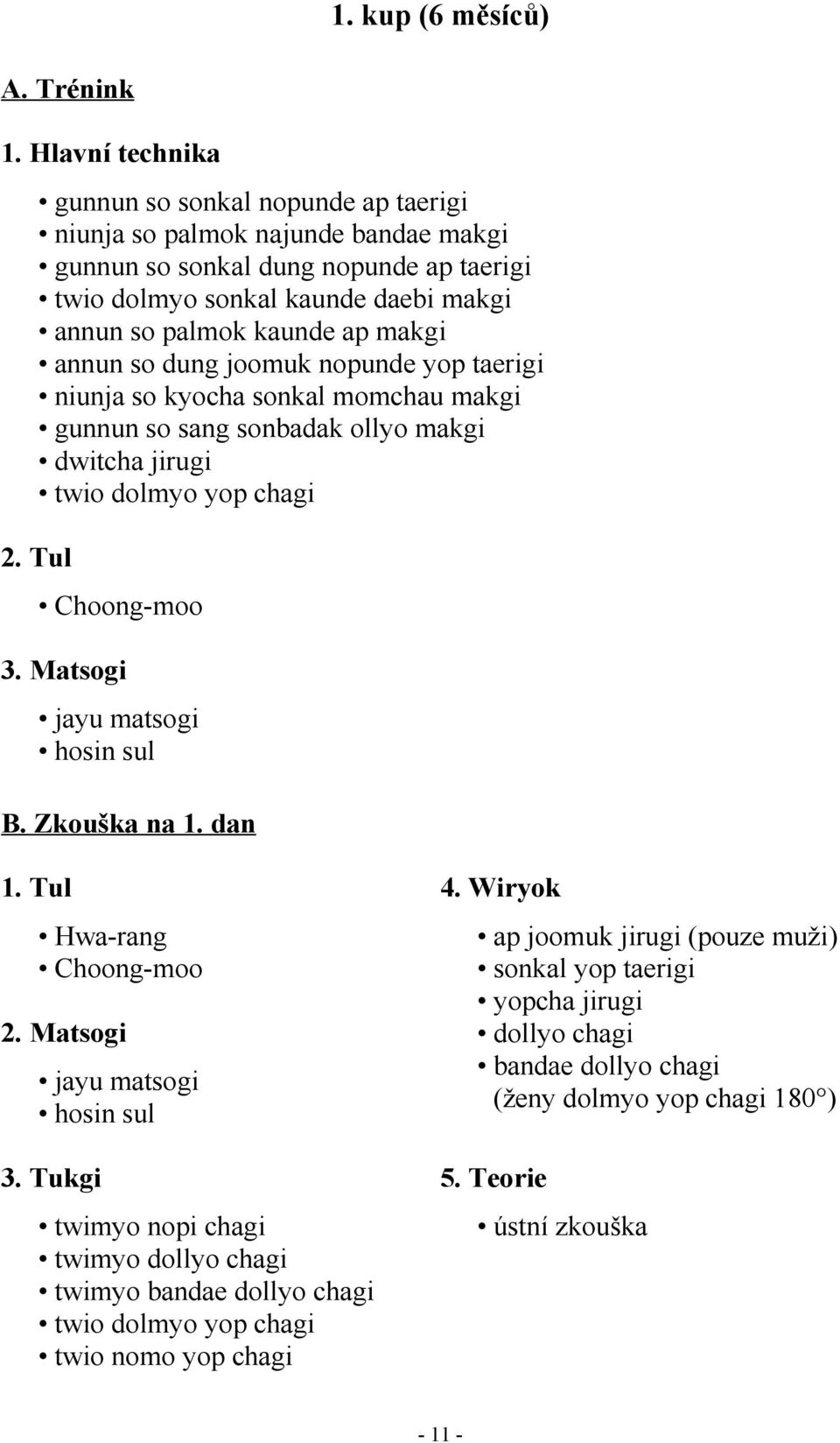 chagi Choong-moo hosin sul B. Zkouška na 1. dan Hwa-rang Choong-moo hosin sul 3.