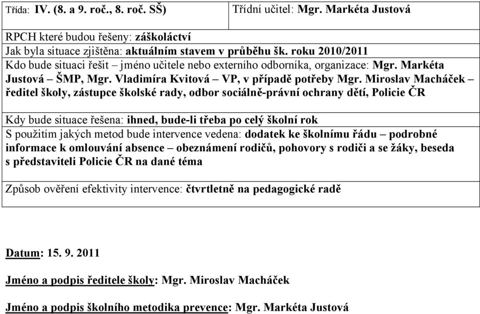 Miroslav Macháček ředitel školy, zástupce školské rady, odbor sociálně-právní ochrany dětí, Policie ČR Kdy bude situace řešena: ihned, bude-li třeba po celý školní rok S použitím jakých metod bude