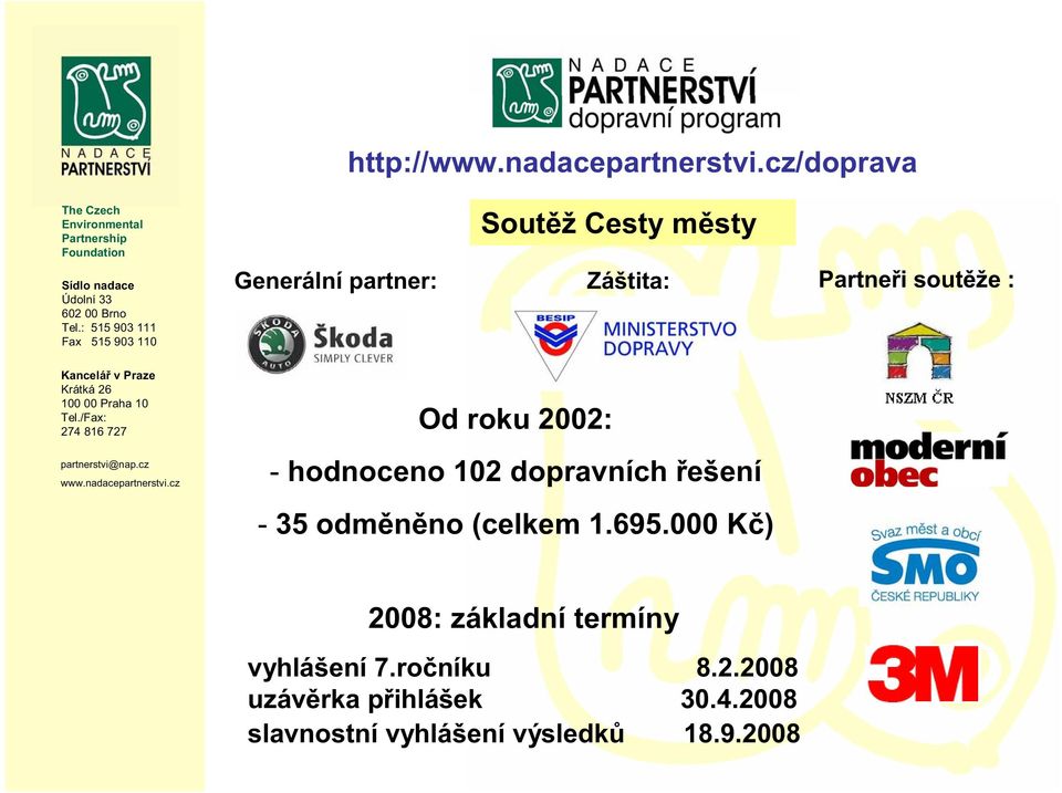 1.695.000 Kč) 2008: základní termíny vyhlášení 7.ročníku 8.2.2008 uzávěrka přihlášek 30.