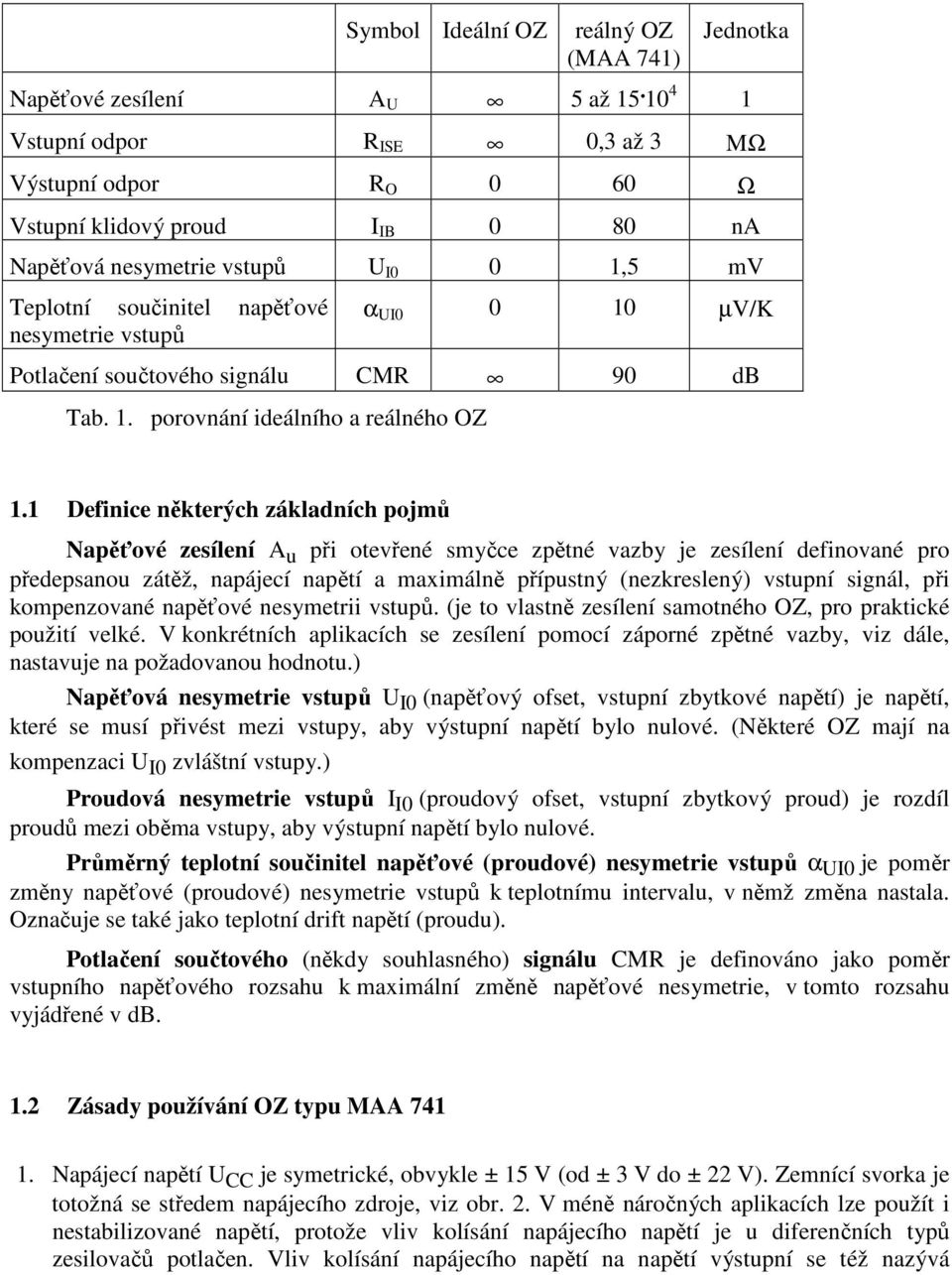 Definice některých základních pojmů Napěťové zesílení A u při otevřené smyčce zpětné vazby je zesílení definované pro předepsanou zátěž, napájecí napětí a maximálně přípustný (nezkreslený) vstupní