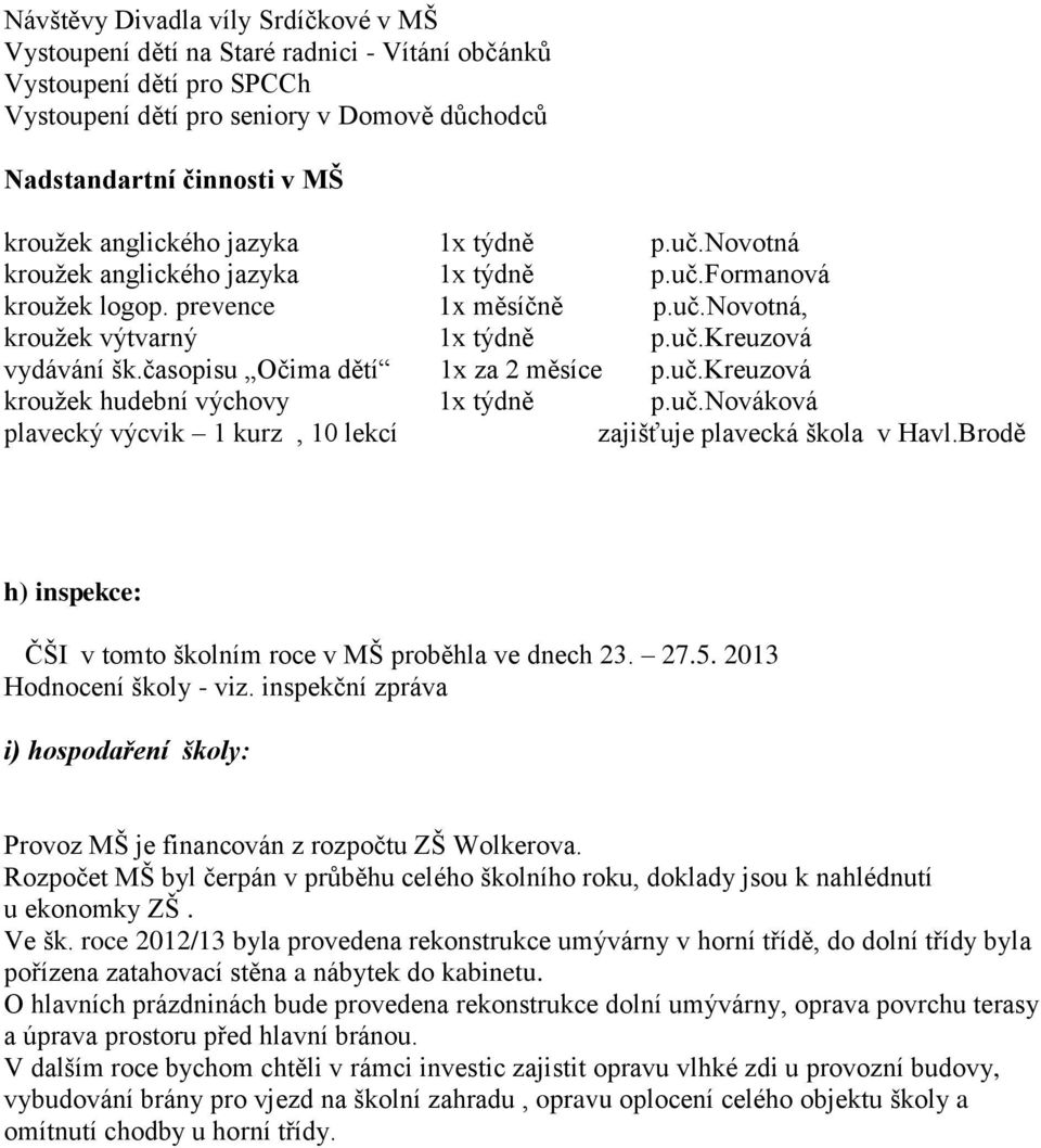 časopisu Očima dětí 1x za 2 měsíce p.uč.kreuzová kroužek hudební výchovy 1x týdně p.uč.nováková plavecký výcvik 1 kurz, 10 lekcí zajišťuje plavecká škola v Havl.