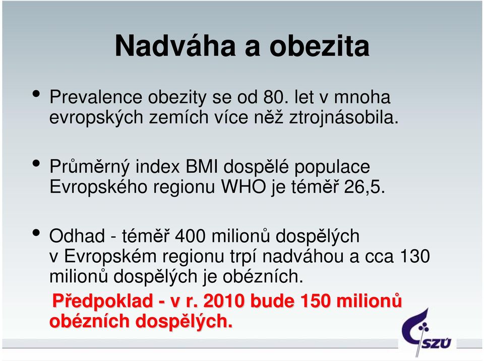 Průměrný index BMI dospělé populace Evropského regionu WHO je téměř 26,5.