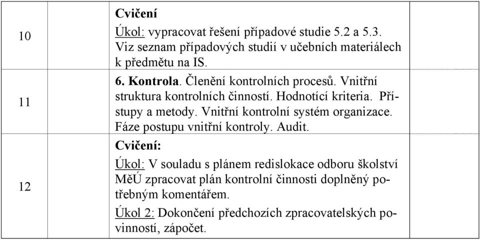 Vnitřní struktura kontrolních činností. Hodnotící kriteria. Přístupy a metody. Vnitřní kontrolní systém organizace.